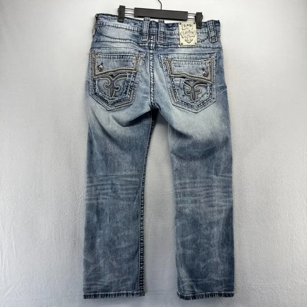 Rock Revival Jeans men's 34 Blue Zed Straight Whisker Distressed Faded Whisker